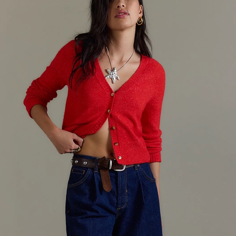 Free People Women's Cherry Pop Red V-Neck Cardigan School Girl Sweater